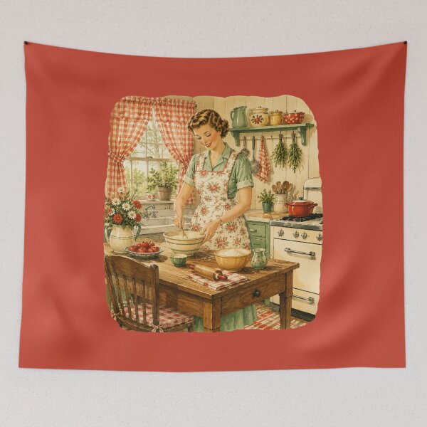 Item preview, 1950s Cottage Kitchen Illustration – Vintage Domestic Gingham Design Art designed and sold by MagicMakerPh.