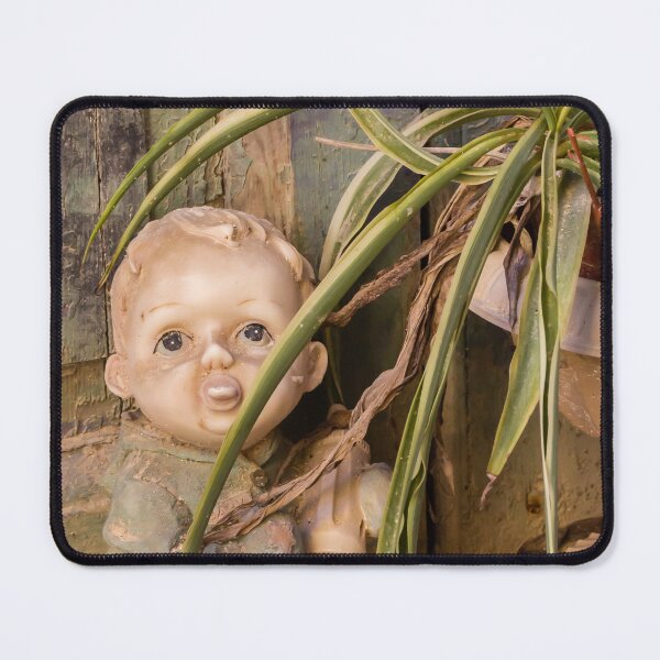 Item preview, Vintage Porcelain Doll Beside Spider Plant and Weathered Wooden Wall in Rustic Abandoned Setting designed and sold by Nmallia.