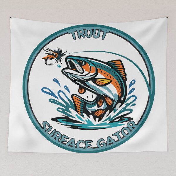 Item preview, Fly fishing illustration, logo style, text "Trout, Surface Gator". designed and sold by Art-Horizon.