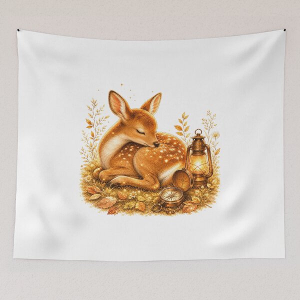 Item preview, Sleeping Fawn Vintage Lantern Peaceful Forest Art designed and sold by AQUILAKREO.