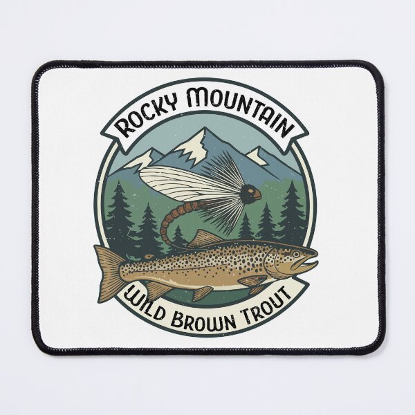 Item preview, Fly fishing illustration, logo style, text "Rocky Mountain, Wild Brown Trout". designed and sold by Art-Horizon.
