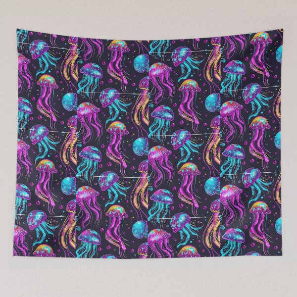 Item preview, Neon Disco Jellyfish Pattern, Colorful Glowing Sea Life, Retro 80s Aesthetic Art, Underwater Party Print designed and sold by VectorForge.