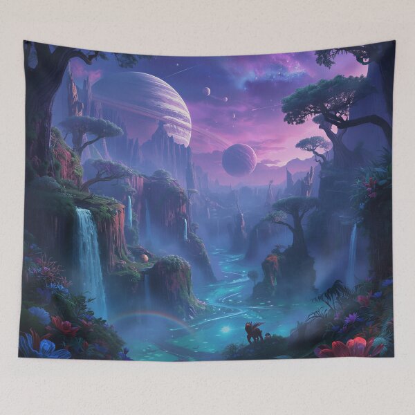 Item preview, Galactic Bioluminescent Waterfall Forest Landscape designed and sold by Luminous Wilds.