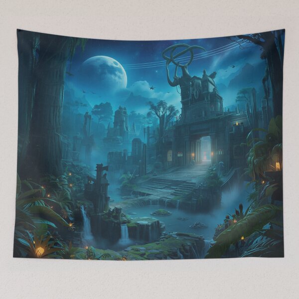 Item preview, Moonlit Alien Jungle Temple Fantasy Landscape designed and sold by Luminous Wilds.