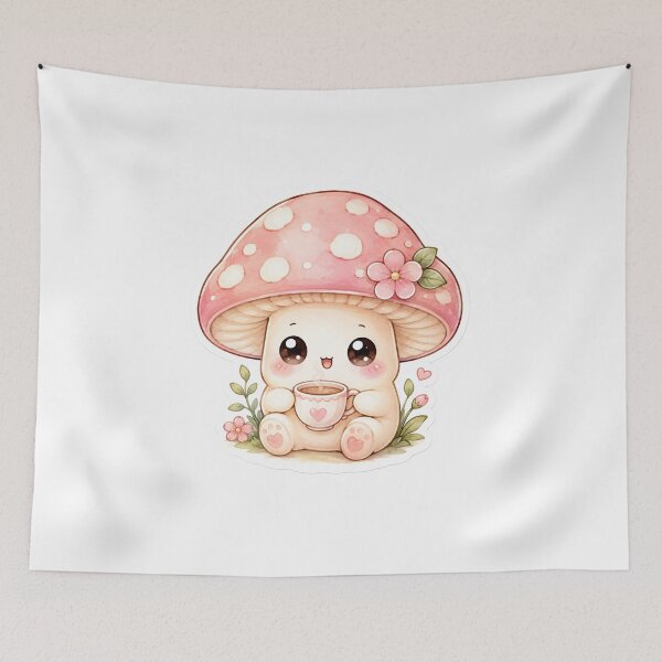 Item preview, Cute Kawaii Mushroom Holding Coffee Cup designed and sold by BLOOMVELLE.