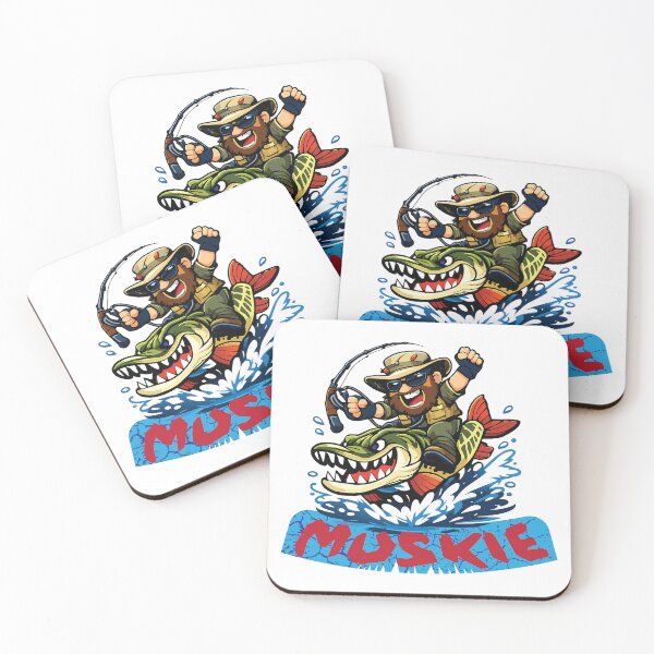 Item preview, Fishing illustration, logo style, text "Muskie" angler riding Muskie. designed and sold by Art-Horizon.