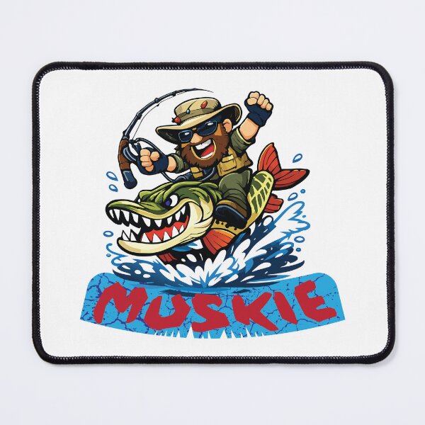 Item preview, Fishing illustration, logo style, text "Muskie" angler riding Muskie. designed and sold by Art-Horizon.