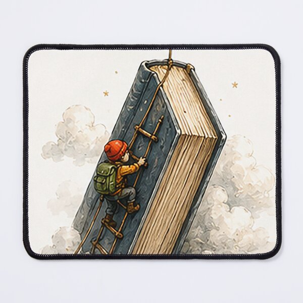 Item preview, Tiny Climber Scaling a Giant Book Mountain designed and sold by Sara-Ai.