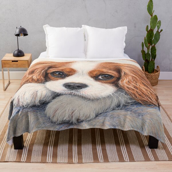 Item preview, Adorable Blenheim Cavalier King Charles Spaniel Resting on Cushion, Cozy Puppy Portrait Art designed and sold by ManJiangHong.