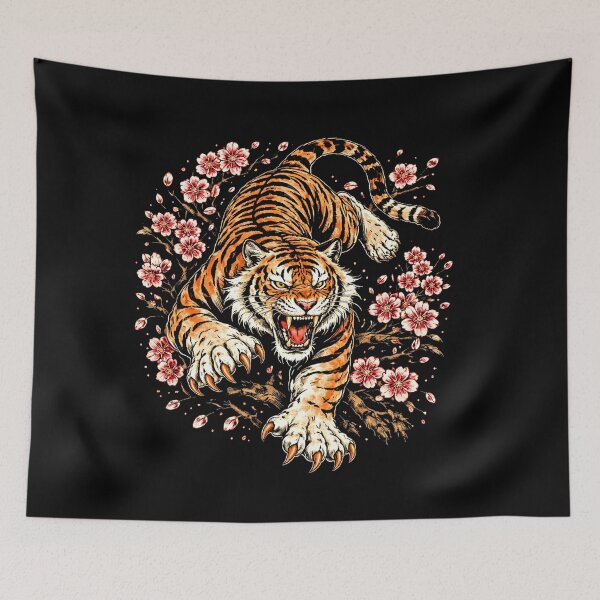 Item preview, Roaring Tiger with Cherry Blossoms Japanese Style | Fierce Wildlife Sakura Illustration designed and sold by SOUFIANE1991.