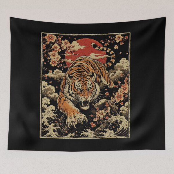 Item preview,  Roaring Tiger with Cherry Blossoms Japanese Style | Fierce Wildlife Sakura Illustration designed and sold by SOUFIANE1991.