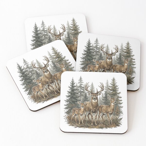 Item preview, Majestic Deer Family In Pine Forest Vintage Wildlife Nature designed and sold by raedattia.