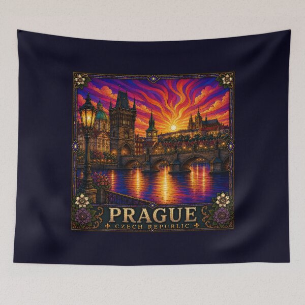 Item preview, Prague Czech Republic Vintage Stained Glass Travel Art - Prague Castle Wall Decor | Collectible Cityscape Print designed and sold by Swanny's Custom T-shirt and Gift Designs.