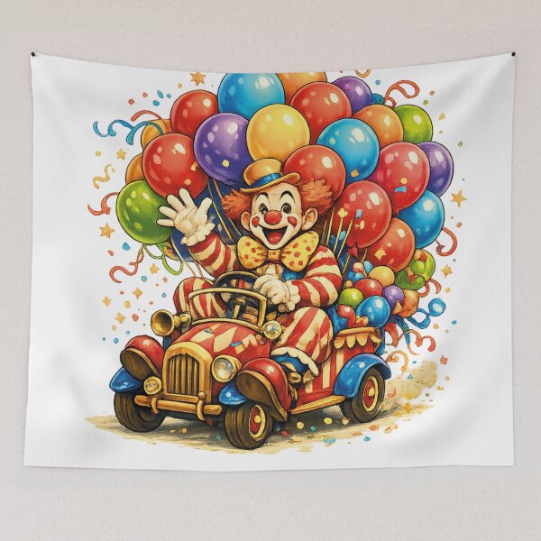 Item preview, Retro Comic Clown Driving Tiny Circus Car with Colorful Balloons | Whimsical Storybook Illustration designed and sold by lavanya11.
