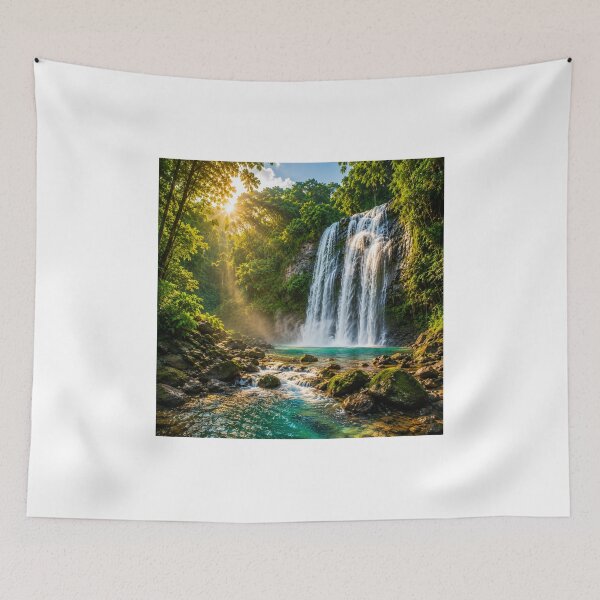 Item preview, Majestic Tropical Waterfall in Lush Rainforest with Sunlight and Crystal Clear Stream designed and sold by supakor.
