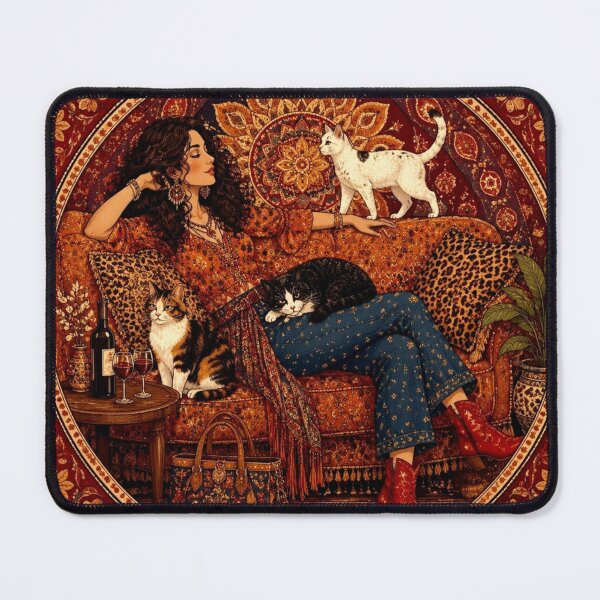 Item preview, Bohemian Woman and Her Cats | Red Mandala Folk Art Illustration designed and sold by Natalia-Vlad.