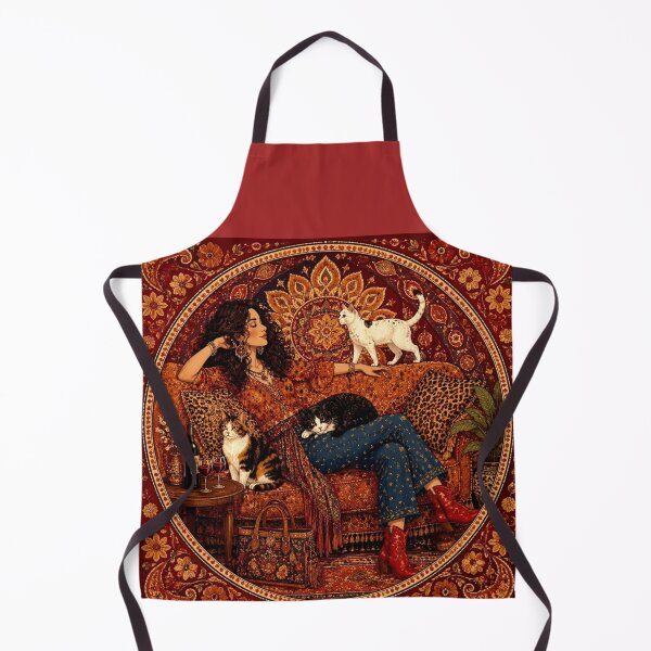 Item preview, Bohemian Woman and Her Cats | Red Mandala Folk Art Illustration designed and sold by Natalia-Vlad.