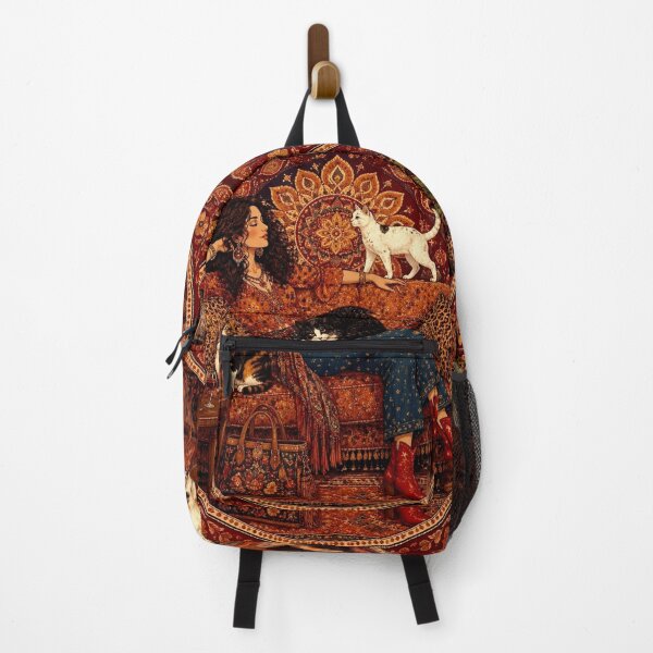 Item preview, Bohemian Woman and Her Cats | Red Mandala Folk Art Illustration designed and sold by Natalia-Vlad.