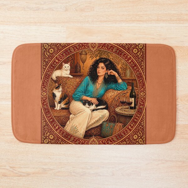 Item preview, Turquoise Bohemian Woman and Her 3 Cats | Luxurious Oriental Art Illustration designed and sold by Natalia-Vlad.