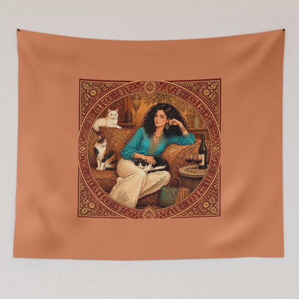 Item preview, Turquoise Bohemian Woman and Her 3 Cats | Luxurious Oriental Art Illustration designed and sold by Natalia-Vlad.