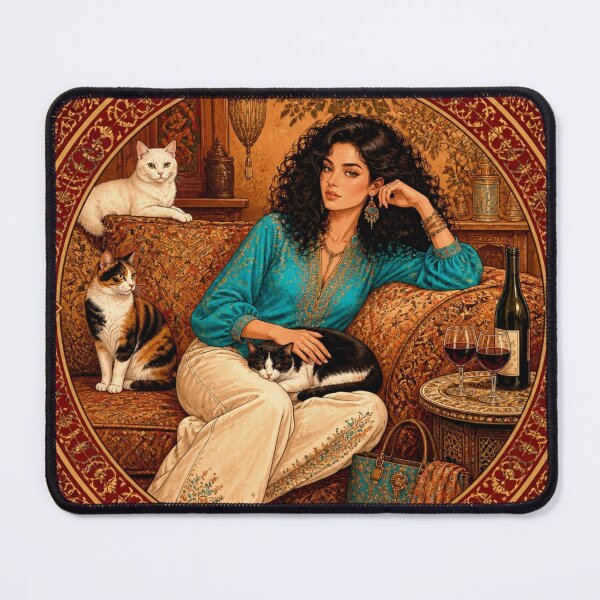 Item preview, Turquoise Bohemian Woman and Her 3 Cats | Luxurious Oriental Art Illustration designed and sold by Natalia-Vlad.