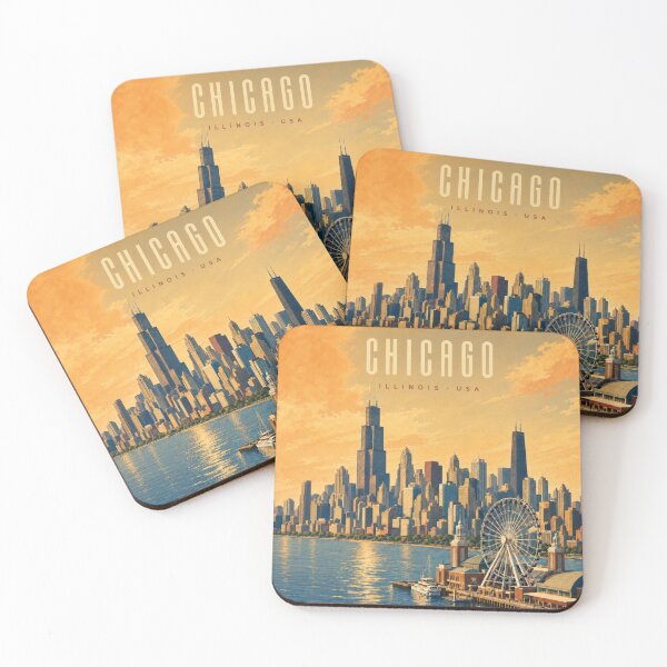 Item preview, Chicago Illinois Retro Travel Poster – Navy Pier Skyline and Lake Michigan designed and sold by PopChaosStudio.