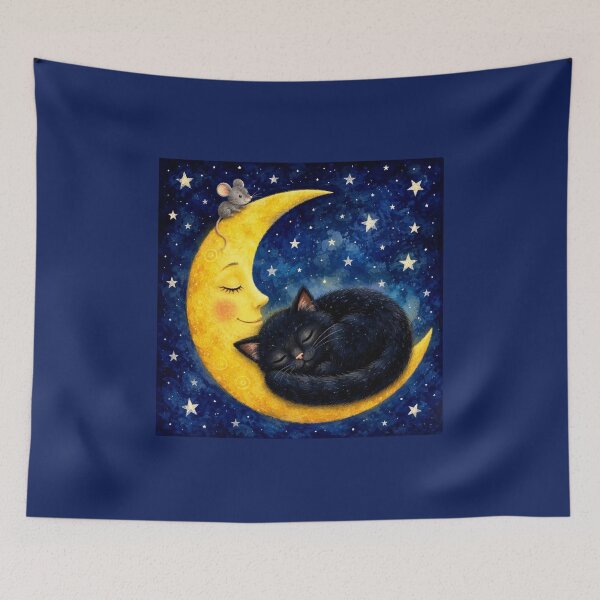 Item preview, Black Cat Sleeping on the Moon | Magical Goodnight Illustration designed and sold by Natalia-Vlad.