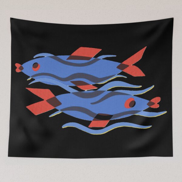 Item preview, Two Blue Fish Pisces – Abstract Geometric Fish Art with Red Fins designed and sold by BuckaBaby.