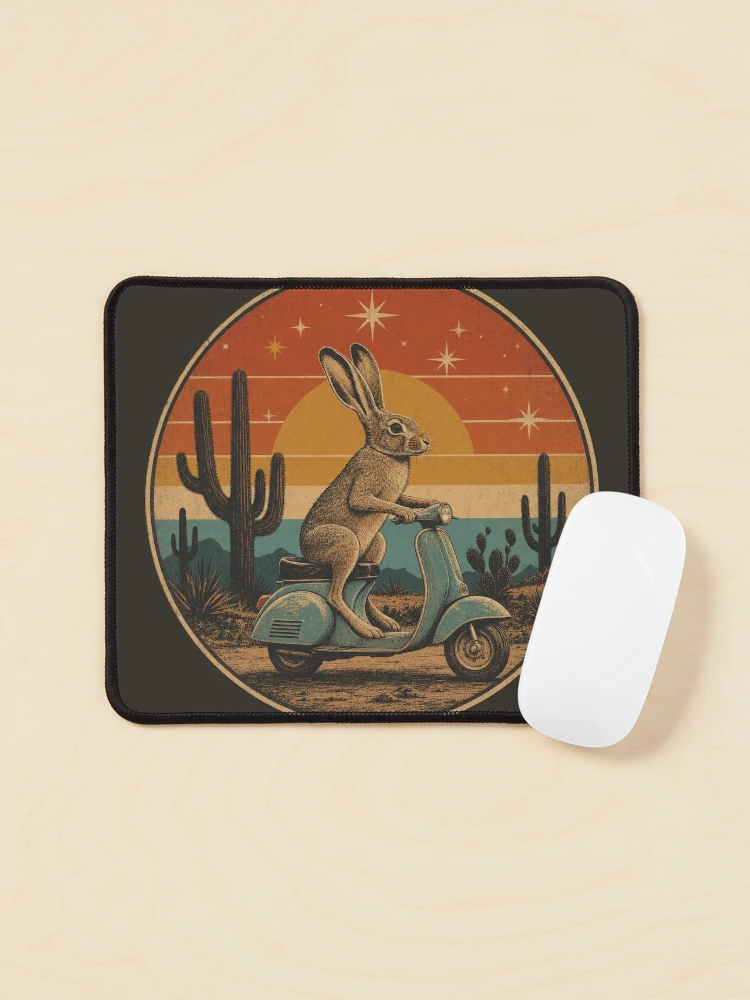 Thumbnail 1 of 5, Mouse Pad, Desert Rabbit Scooter Ride designed and sold by PixelToPress.