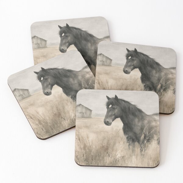 Item preview, Black Horse in Rustic Field Oil Painting | Farmhouse Equestrian Wall Art | Country Barn Landscape | Western Horse Prin designed and sold by Artforhorse.