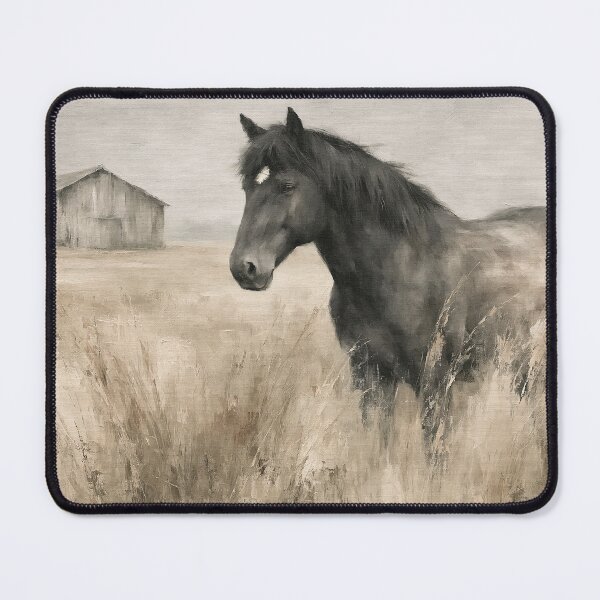 Item preview, Black Horse in Rustic Field Oil Painting | Farmhouse Equestrian Wall Art | Country Barn Landscape | Western Horse Prin designed and sold by Artforhorse.