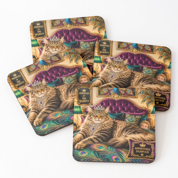 Item preview, Royal Maine Coon Cat with Crown on Peacock Themed Bed designed and sold by Extremeallie.