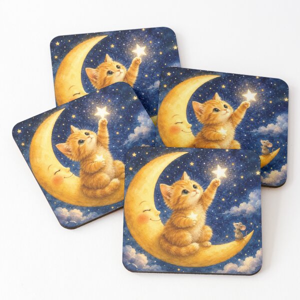 Item preview, Ginger Kitten Catching Stars on the Moon | Magical Illustration designed and sold by Natalia-Vlad.