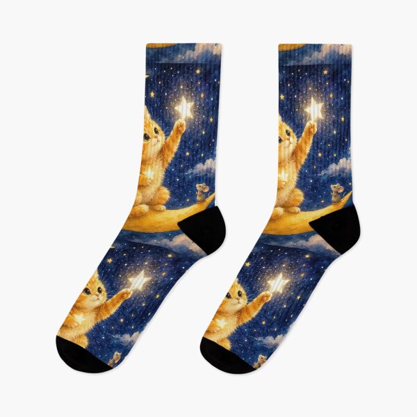 Item preview, Ginger Kitten Catching Stars on the Moon | Magical Illustration designed and sold by Natalia-Vlad.