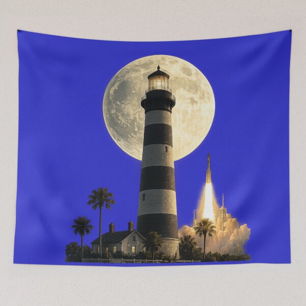 Item preview, Recreation of Cape Canaveral Lighthouse with a full moon backdrop and Rocket Launch designed and sold by shorethings.