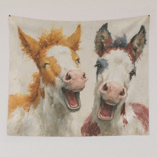 Item preview, Funny Laughing Horse Foals Oil Painting | Cute Baby Horses Wall Art | Whimsical Equestrian Decor | Farmhouse Animal Print designed and sold by Artforhorse.