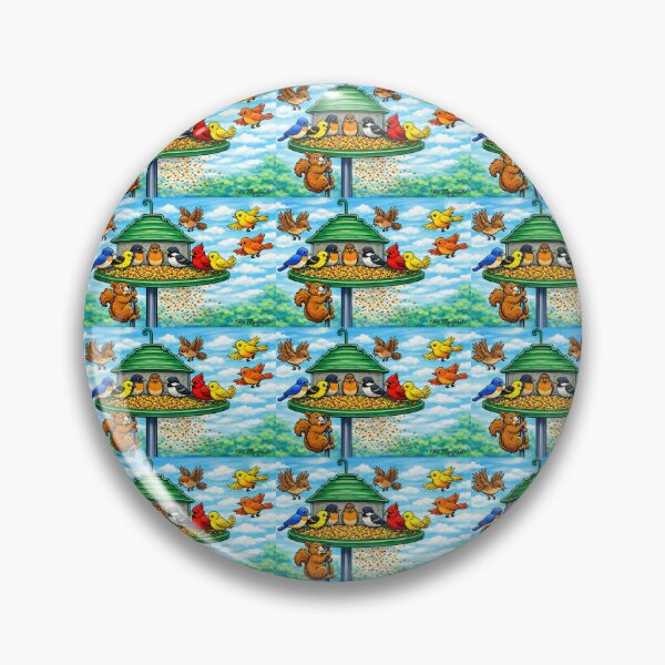 Item preview, Colorful Bird Feeder Frenzy – Squirrel & Songbirds Cartoon Panorama designed and sold by The Art Queen Of Michigan .