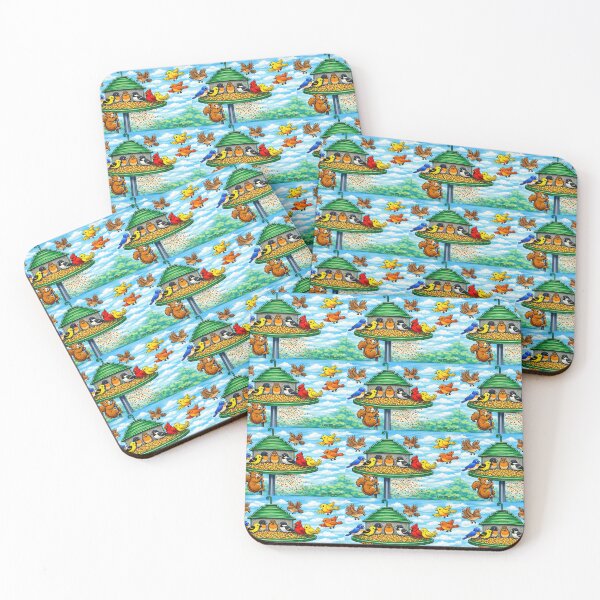 Item preview, Colorful Bird Feeder Frenzy – Squirrel & Songbirds Cartoon Panorama designed and sold by The Art Queen Of Michigan .