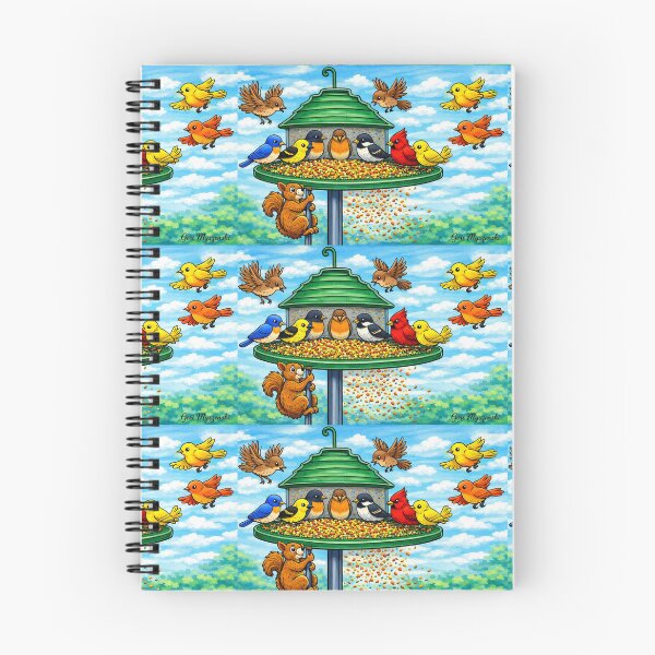 Item preview, Colorful Bird Feeder Frenzy – Squirrel & Songbirds Cartoon Panorama designed and sold by The Art Queen Of Michigan .