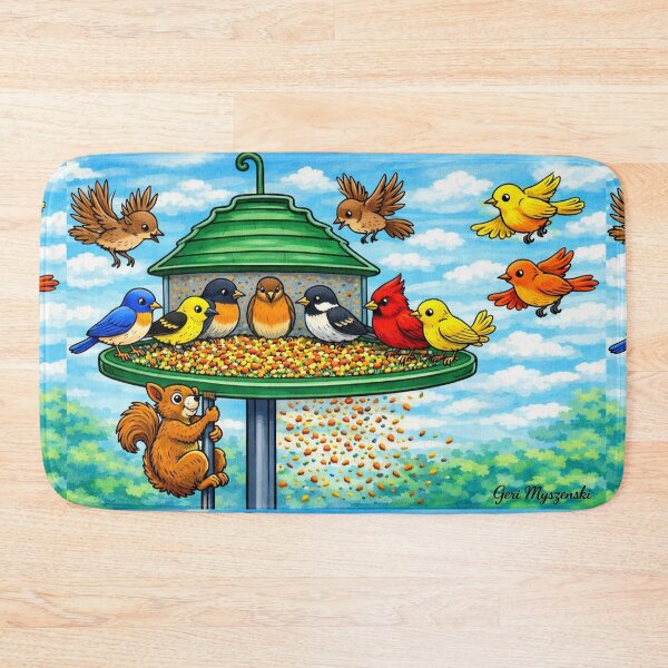Item preview, Colorful Bird Feeder Frenzy – Squirrel & Songbirds Cartoon Panorama designed and sold by The Art Queen Of Michigan .