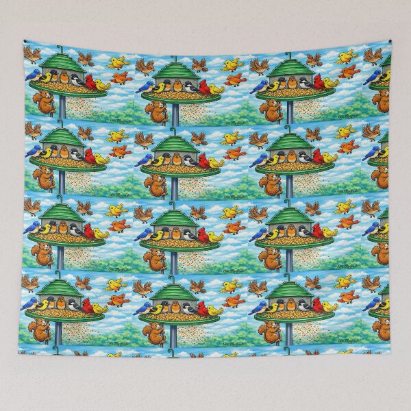Item preview, Colorful Bird Feeder Frenzy – Squirrel & Songbirds Cartoon Panorama designed and sold by The Art Queen Of Michigan .