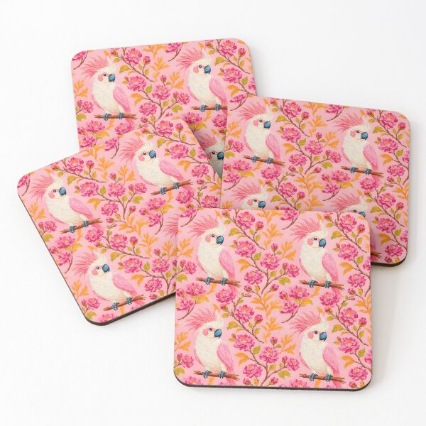 Item preview, Preppy cockatoo parrot and chinoiserie peonies in pink and irange designed and sold by SophieClimaArt.