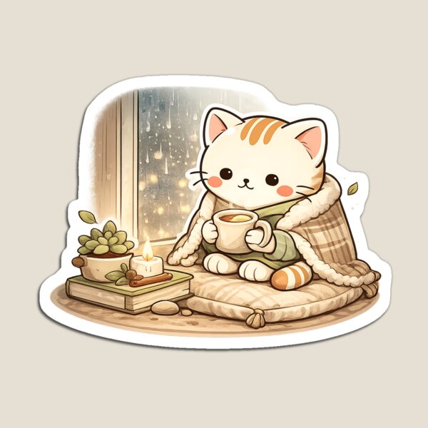 Item preview, Mochi's Rainy Day | Cozy Cat with Warm Coffee Sticker designed and sold by Maystro-design.