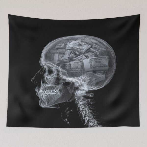 Item preview, The Mind Obsessed with Wealth, Translucent Skull and Bundles of Banknotes - Conceptual Art on Money and Materialism designed and sold by RAYBIL.