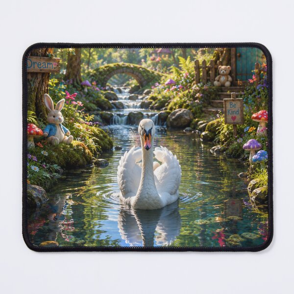 Item preview, swan swimming in fantasy forest scene designed and sold by alan tunnicliffe.