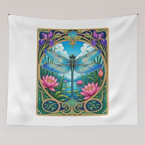 Item preview, Art Nouveau Dragonfly Lotus Pond Nature Art designed and sold by AntiqueImages.