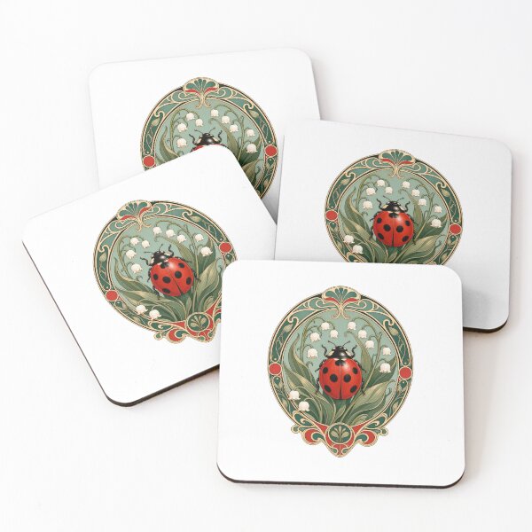 Item preview, Art Nouveau Ladybug Lily of Valley Botanical Art designed and sold by AntiqueImages.