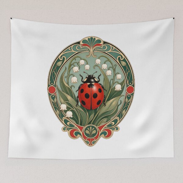 Item preview, Art Nouveau Ladybug Lily of Valley Botanical Art designed and sold by AntiqueImages.