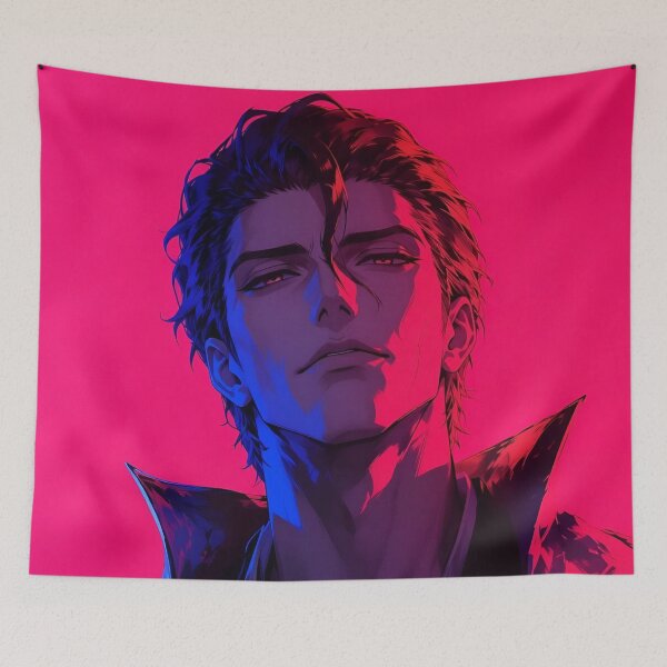 Item preview, Aizen | Neon Anime Warrior Portrait | Crimson & Blue Samurai Aesthetic | Dark Digital Art Print designed and sold by Dyan4.
