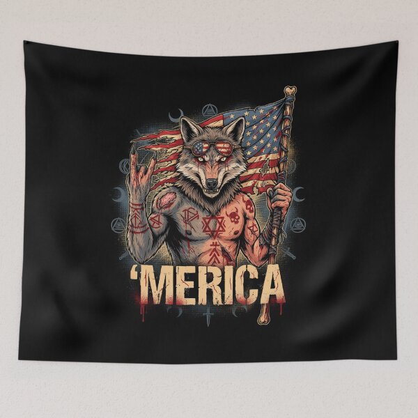 Item preview, 'Merica Savage Wolf Rock Fist Flag Design v1 designed and sold by DarylWelsh2024.